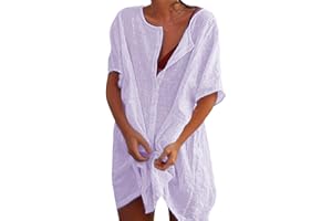 Svanco Mujer Vestido de Playa Transparentes Algodón Blusa de Bikini Cover up Suelto Verano Camisolas y Pareos Color Sólido Casual Ropa de Playa con Boton Trajes de Baño Pareos