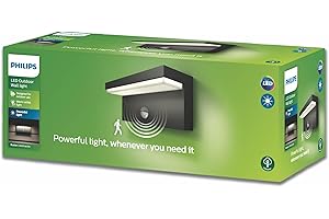 Lampa ścienna zewnętrzna Philips LED Bustan ultra wydajna 9W z czujnikiem ruchu, ciepłe białe światło 2700K, antracytowa, odporna na warunki atmosferyczne IP44, 1 sztuka