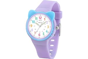 Juboos Orologio analogico per bambini e bambine, impermeabile fino a 3 atm, con gatto, facile da leggere, Viola, orologio gatto bambini