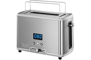 Russell Hobbs Mini Grille-pain [Pour 1 tranche] Compac tHome Inox (Fente extra large, compte à rebours digital, 6 niveaux de brunissage + fonction Levage, décongélation & réchauffage, 820W) 24200-56