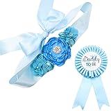Sky Blue Maternity Sash & Daddy to be Corsage Set - Baby Shower Sash Baby Boy Pregnancy Sash Keepsake Baby Shower Flower Belly Belt