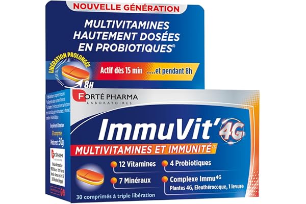 Forté Pharma - Immuvit'4G | Complément Alimentaire Vitalité et Immunité - 12 vitamines, 7 minéraux et 4 Ferments | 30 comprimés Tri-couches