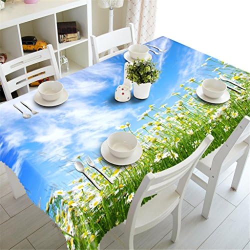 GFYWZ 3D Tablecloth Visual space Blue sky white clouds White flowers and green grass Printing Polyester Fabrics Dust-proof Tasteless Rectangular Table Cover Kitchen Decorative , e