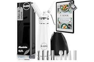 B-ARS Sifón De Cocina Profesional Aluminio Blanco 500ML Con Boquillas Plásticas Y Acero Inox Cepillo Limpieza Bolsa Accesorios Ideal Para Espumas Dulces Y Saladas Nata Mousse Fácil De Usar.
