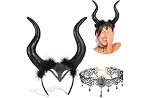 Wishstar 2 Piezas Tocado Cuerno Halloween，Gótico Encaje Collar Tocado de Cuerno Negro，Cuernos del Diablo Accesorios para el Cabello，Halloween Carnaval Partido Mascarada Carnaval