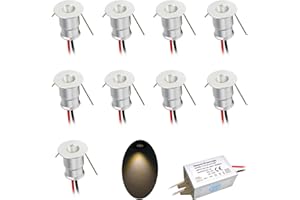 kpslucerna Lot de 9 petits phares, à LED, encastrés, 12 V 1 W, pour cuisine, escalier, armoire, couloir, éclairage, à monter soi-même, blanc chaud et froid (Argent Blanc Chaud, 30°)