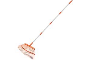 KPUY Steel Garden Rake for Lawn, Telescopic Leaf/Grass Rake, 98cm-165 cm Adjustable Handle - 25 Tines Durable Steel Head&Garden Gloves for Quick Clean Up of Lawn and Yard(Tangerine)