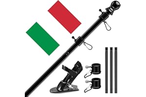 HORSE SECRET Kit de Asta de Bandera de Aluminio Negro 180 cm con Soporte Asta de Bandera de Acero Inoxidable, kit de barra de bandera de Montaje en Pared Exterior con Anillos Giratorios/Incluye Bandera Italiana