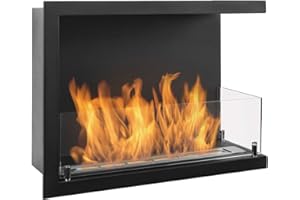 GLOBMETAL Biocamino angolare Line-P 60 cm (600mm), caminetto bioetanolo nero opaco. Camino a bioetanolo da montare in un'apertura a parete. Bio camino destro, aperto a due vetri.