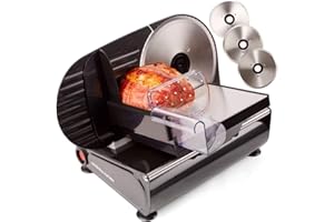 Andrew James Meat Deli Slicer Electric Food Slicer for Bread, Meat, Cheese & Sunday Carvery | Meat Cutting Machine with 3 Interchangeable 19cm Blades | Plastic Pusher, Blade Guard, Non-Slip Feet 150W