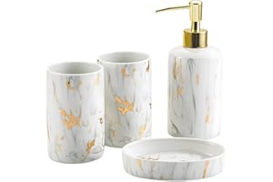 Santentre 4 Piece Ceramic Bathroom Accessory Set, Luxury Bathroom Sets Accessories with Soap Dispenser, Toothbrush Holder, Tumbler, Soap Dish, Bathroom Set for Organization&Decor, White Marble Look