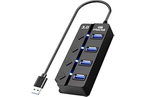 HORJOR Hub USB Divisor Multi USB 3.0 4 Puertos USB Hub Alimentado con Interruptor Separado y Luces LED, para Transferencia rápida de Datos y Carga