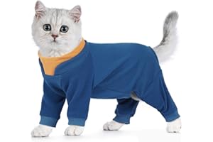 Hjumarayan Cat Onesie, Full Coverage Warm Fleece Jumper with Four-leg Sticky Hair Clothes, Soft Long Sleeve Cat Recovery Suit Stretchy Body Suit to Stop Licking, Blue M
