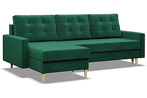‎MEBLIGO Mebligo - Ecksofa mit Schlaffunktion und Bettkasten BLANK, 223x88x140 cm, Universelles Eckcouch, Rechte oder Linke Seite Couch, Wohnzimmer Schlafsofa. L Couch mit Schlaffunktion - Flaschengrün