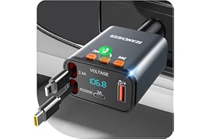 ‎SEANCHEER SEANCHEER Adapter Bluetooth do samochodu i zapalniczki, 69 W, ładowarka samochodowa z 2 kablami wysuwanymi, nadajnik FM Bluetooth 5.3 (USB-C + Lightning)
