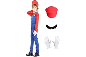 ATOWORLD Mario Costume Kids 3-4 5-6 7-8 9-12 Years Boys Girls with Accessories Hat Moustache Gloves Luigi and Mario Costume Fancy Dress Up Outfit Suit Jumpsuit for Halloween World Book Day