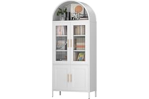 ‎SUPEER SUPEER Vitrine aus Metall Sideboard Standschrank mit Bogendach,Vitrinenschrank Küchenschrank mit 2 Glasstür und 2 Die Metalltür, Glasvitrine Schrank für Wohnzimmer Schlafzimmer, 185x80x40 cm（weiß）