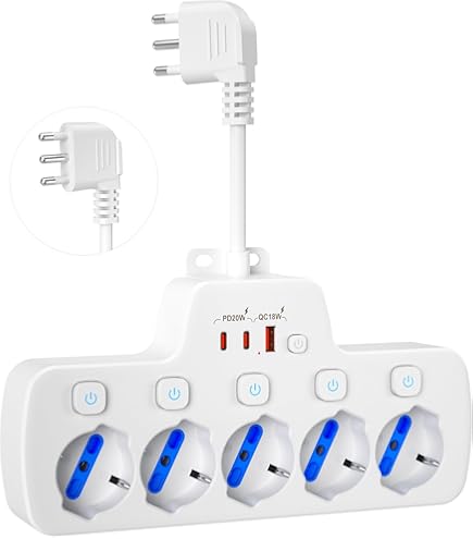 Supporto TV Parete Ciabatta Prolunga 8 Prese Con 4 USB | Protezione Sovratensioni | 6 Piedi (1.8m) - Bianco Torretta Multipresa