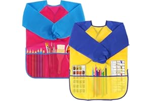 Hanmulee Kids Art Aprons, ( Yellow + Pink + Red ) Waterproof Children Painting Apron with Pockets, Long Sleeve Art Smock Artist Painting Aprons For Children Age 2 3 4 5 6 Boy Gir