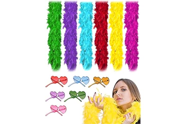 DAJOOEE La Plume Colorées Clapet Boas de La Plume Colorées Pour la Fête 6 Pcs 6.6ft, Avec des Lunettes de Soleil Sans Cadre un Enterrement de Vie de Jeune Fille