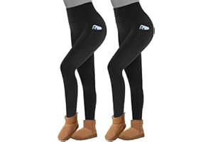 TNNZEET 2 Pack Thermal Leggings with Pockets Women Fleece Lined Pants High Waisted Fur Tights for Hiking Yoga in Winter