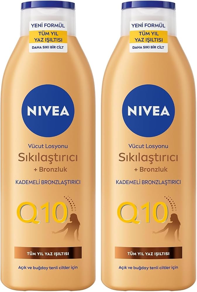 NIVEA Q10 Sıkılaştırıcı Ve Bronzlaştırıcı Vücut Losyonu 250ml, Kademeli Doğal Bronzluk, 7 Günde Sıkı Cilt, Açık ve Buğday Tenli Ciltler (2 paketi)