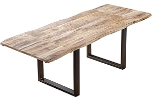 SAM Baumkantentisch 180 (280) x 90 cm Noar, Mangoholz massiv, lackiert & naturfarben, Esstisch mit U-Metallgestell in Mattschwarz, echte Baumkante, inkl. 2 Ansteckplatten