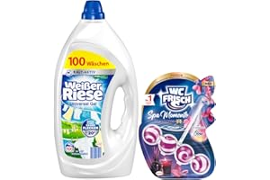‎WEIßER RIESE Weißer Riese Universal Gel (100 Waschladungen), Vollwaschmittel sorgt für strahlend saubere Wäsche & WC-Frisch Spa Momente Harmonie Toilettenstein (1x 50g), WC Duftspüler, 1er Pack
