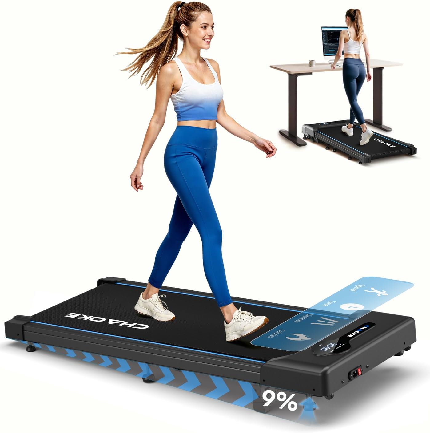 Cinta de Correr CHAOKE Walking Pad con inclinación del 9%, Cinta de Correr bajo Escritorio a 10 km/h, Motor silencioso de 2,75 CV, Capacidad máxima de 150 kg, con 12 programas HIIT y Control Remoto