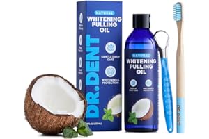 DR.DENT Kokosöl Pulling Mouthwash – Natürliche Zahnaufhellung & frischer Atem – Alkoholfrei – Fluoridfrei, 237 ml – Zahnbürste und Zungenschaber im Lieferumfang enthalten – Kaugummi