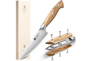 XINZUO Acier Composite 13,5cm Couteau Universel de Cuisine Forgé à la Main Multifonctions Couteau Tout Usage Lame Tranchante Acier à Haute Teneur en Carbone Paring de Fruits-Poignée en Bois d'Olivier