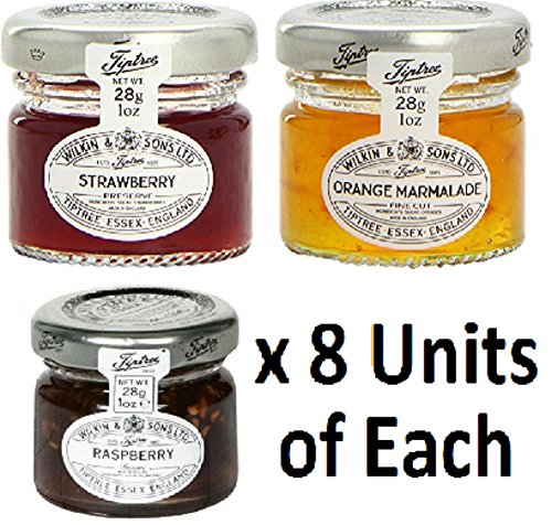 Mixed Pack - Wilkin & Sons of Tiptree Strawberry/Raspberry / Orange Marmalade Preserves - 8 x 28g Mini Jars of Each flavour - 24 unit Mixed Pack