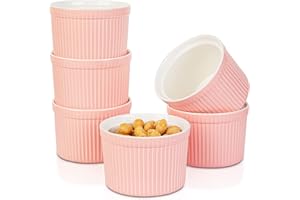 240ml Pirottini per Soufflé, Candiicap Set di 6 Pirottini da Soufflé in Porcellana per Cuocere al Forno, Budini, Creme Brulée, Coppette per Crema Pasticcera, Salsa di Servizio (240ml, Rosa Opaco)