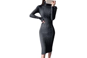 OIUHJN Strickkleid Damen Langärmelige Rollkragenpullover-Kleider für Damen Gestrickte Zopfmuster Figurbetonte Midi-Pullover-Kleider Grobstrickpullover Damen Winterkleid Pulloverkleid Damen Pulli