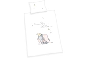 Herding Toddler Bed Linen-Set, Disney's Dumbo, Reversible Design, Duvet Cover 135 x 100cm, Pillow Case 40 x 60cm, Cotton/Renforcé, 100, White, One Size