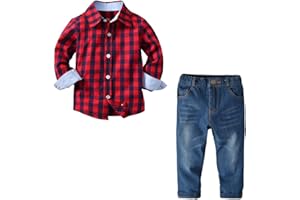 amropi Enfants Ensembles Costume de vêtements Top à Manches Longues à Carreaux et Pantalon en Jean 2-8 Ans