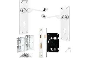 IRONZONE® Victorian Scroll Polished Chrome Door Handle Lock Pack, 3 Lever Lock, 1 Pair of Hinges, for Extra Privacy in Bedroom and Living Room, Traditional Design