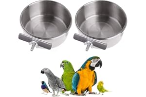 QX-PET SUPPLIES 2 Pack Bird Feeding Dish Cups with Clamp Stainless Steel Parrot Food Water Bowl for Macaw African Greys Budgies Parakeet Cockatiels Conure Lovebird Finch Small Animal Cage Bowl 10 Ounce