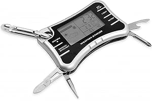 TechAffect Multi Tool Keyring Carabiner Watch Travelling Alarm Clock -Digital Thermometer Camping Accessories UK - for Walkers, Hikers or Bug Out Bag Survival Kit - Small Silver