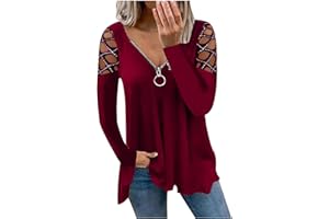 ClodeEU Women Vintage Zip Up Blouse Tops V Neck Hollow Sleeve Rhinestone Solid Blouse Tunic T-Shirt Elehant Pullover Ladies Dressy T Shirt Holiday Party Jumper Sweatshirt Tee, Gray,black,pink