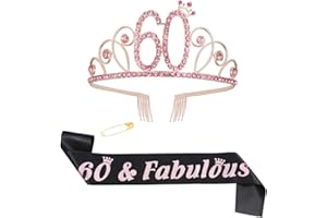ruggito 60th Birthday Costume Set For Women,Include 60th Black Satin Sash,Birthday Crown Tiara and Round Brooch Clip Pin for 60th Birthday Party Decorations