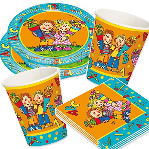 37-teiliges Partyset * SCHULKINDER * mit Teller + Becher + Servietten + Deko für eine Schulstart-Party // Einschulung Schule Schulbeginn Set Partygeschirr Deko Mottoparty Motto