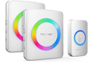 TECKNET Wireless Doorbell with 2 Receivers, 1300ft Long Range IP65 Waterproof Door Bells Wireless Cordless, 120dB Loud Plug-in DoorBell with 5 Volume Levels, 60 Chimes & RGB Light, Ideal for Home