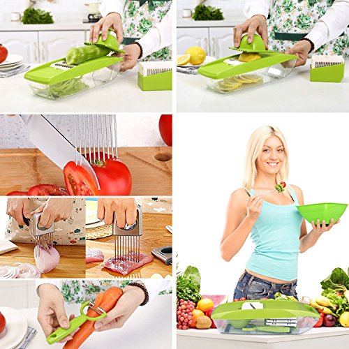 Gemüsehobel, AUKUYEE Mandoline Gemüsehobel Mandoline Slicer Nahrung Gemüsehobel Julienne Schneidegerät Gemüse Reibe Schneider Frucht Zerhacker Würfler 5 Edelstahl Klingen Container Schäler Schneidegerät Zwiebel Halter Reinigung Pinsel Multi-funktional Anpassbar - 4