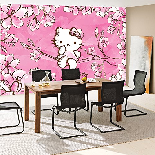 Fototapete 368×254 cm PREMIUM Wand Foto Tapete Wand Bild Papiertapete – Mädchen Tapete Hello Kitty – Kindertapete Cartoon Katze Blumen Baum Kinder pink – no. 1023 - 7
