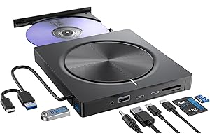 UMANIY Lector CD/DVD Externo,Grabadora USB 3.0 y Type-C,Reproductor DVD Portatil, Unidades CD/DVD -RW/ROM, Lector Tarjetas SD TF y 4 Puertos USB-A/C para PC/Portátil/Windows 11/10/8/7/XP/MacOS/Linux