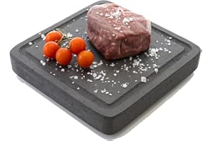 Piedra Volcánica DEKOBE para Asar Carne - Ideal para Barbacoas y Compatible con Horno - Plancha de Piedra para Cocinar Carne como Chuletón o Solomillo - con Surco Antigoteo (20x20x3cm)