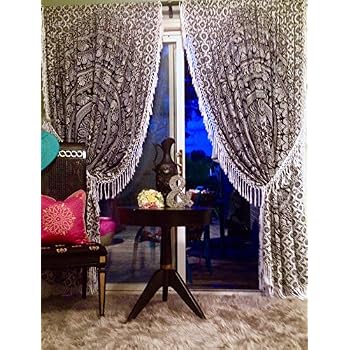 Peacock Indian Mandala Curtain Set - Blue Cotton Tapestry Drapes, Bohemian Window Treatment 82x41