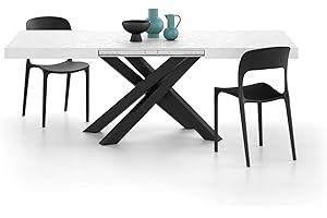 Mobili Fiver, Tavolo Allungabile Emma 140(220) x90 cm, Bianco Cemento con Gambe Incrociate Nere, per 6-10 persone, Tavolo Cucina, Soggiorno, Made in Italy