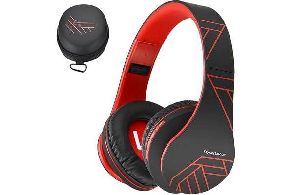 PowerLocus Casque Bluetooth sans Fil, Casque Audio stéréo Pliable sans Fil et Filaire avec Micro intégré, Micro SD/TF, FM pour iPhone/Wiko/Samsung/iPad/PC (Noir/Rouge)